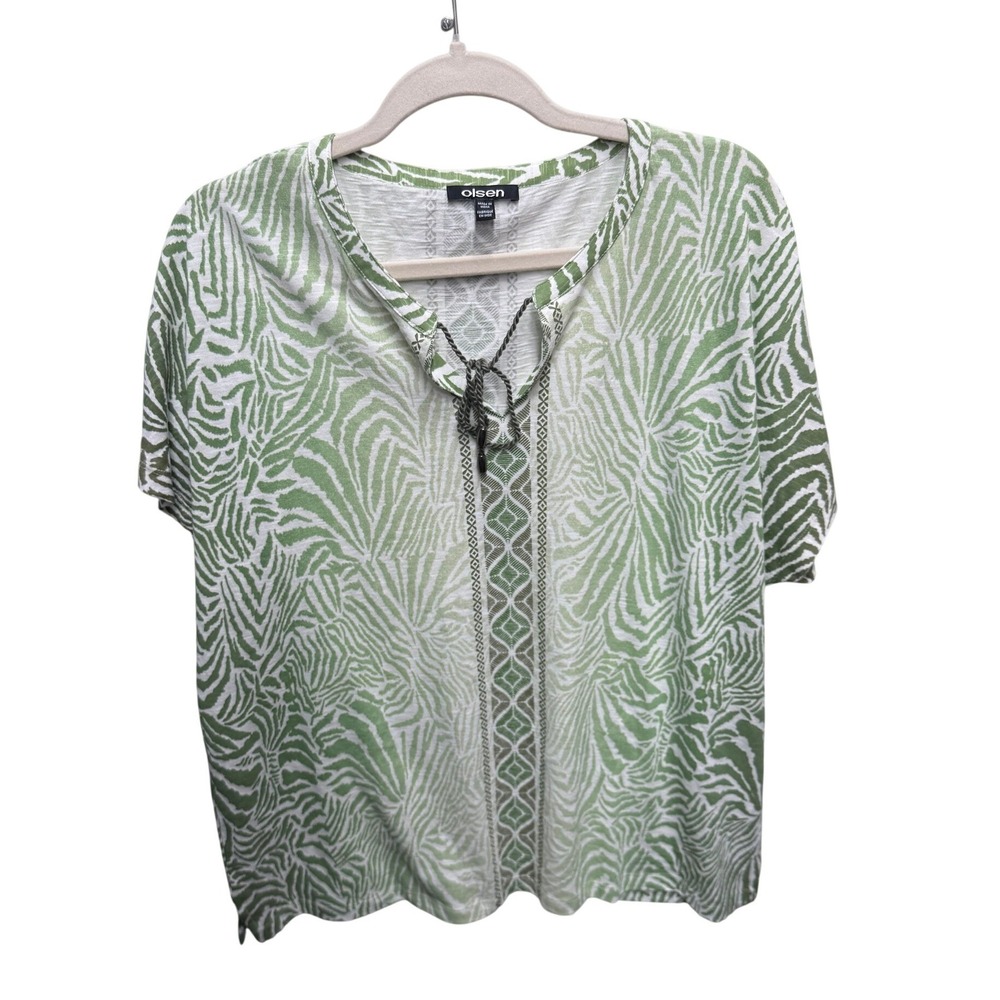 Olsen Zebra Print Top Women XL/16 Green Excellent Boho Split Neck Tie Slub Knit